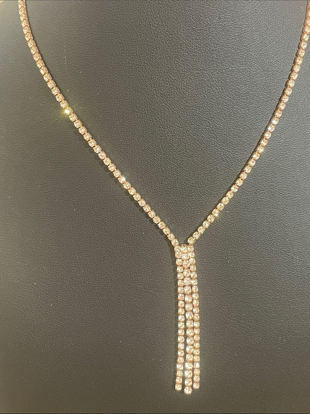 Gold Rhinestone Tassel Y-Necklace - Women Jewelry 9” drop 5” extender